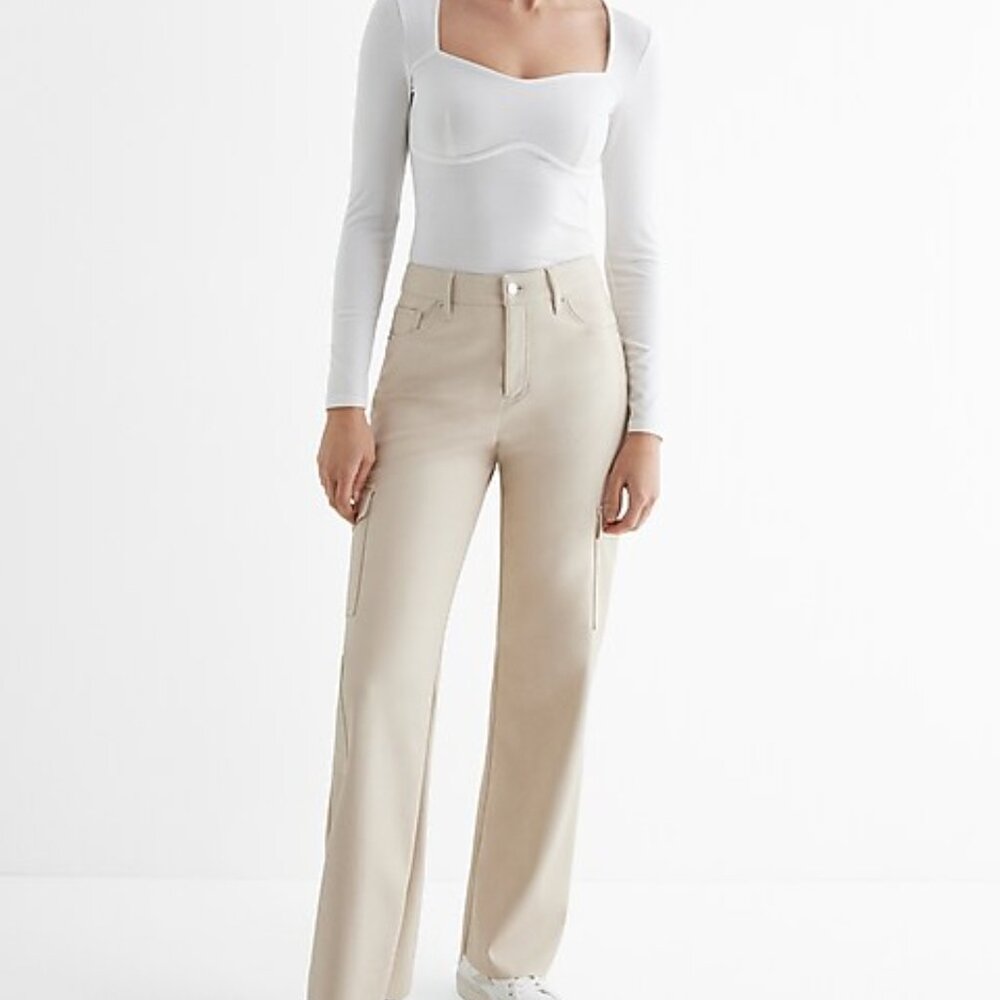 Express High Waisted Soft Faux Leather Wide Leg Cargo Pants Cream 0 NWT